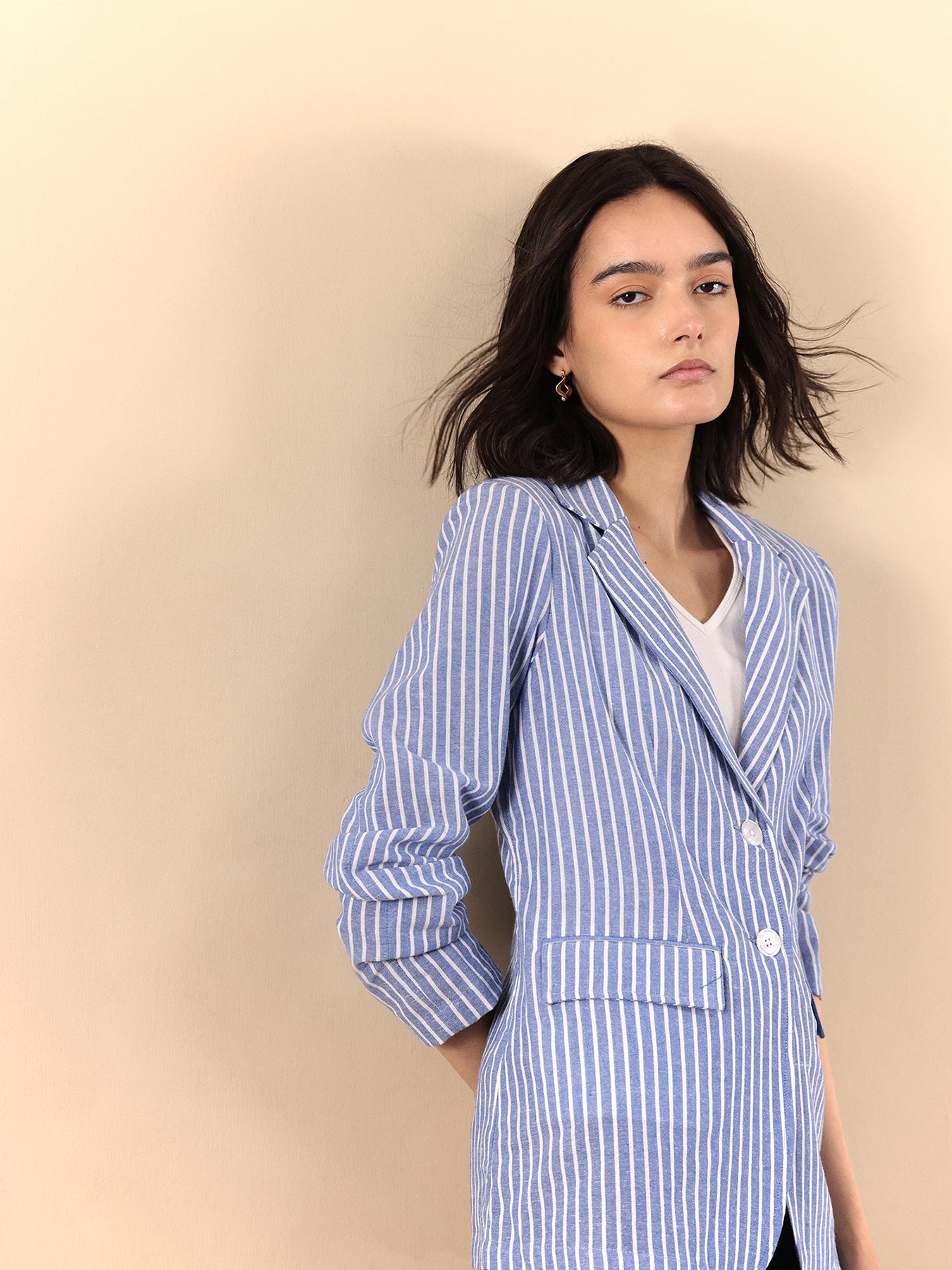 Linen Single Breasted Blazer - Blue