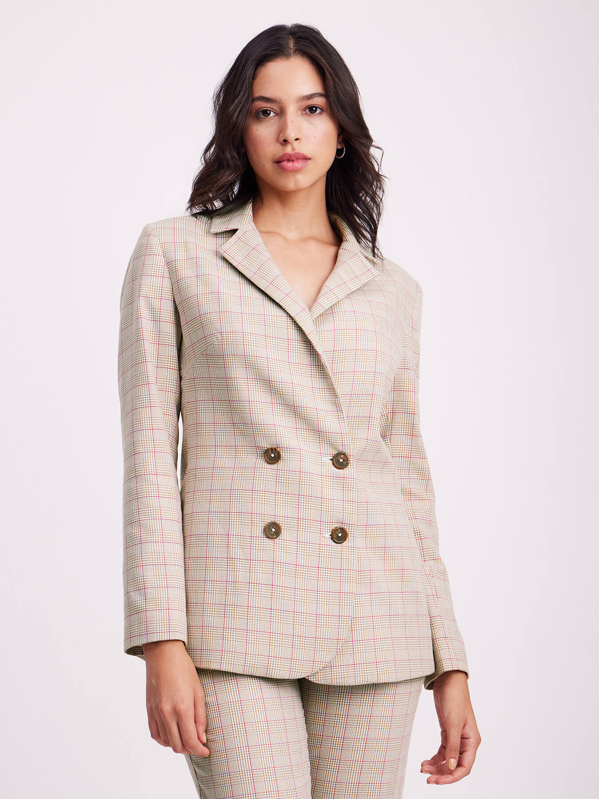 Double Breasted Check Blazer - Beige