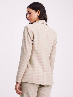 Double Breasted Check Blazer - Beige