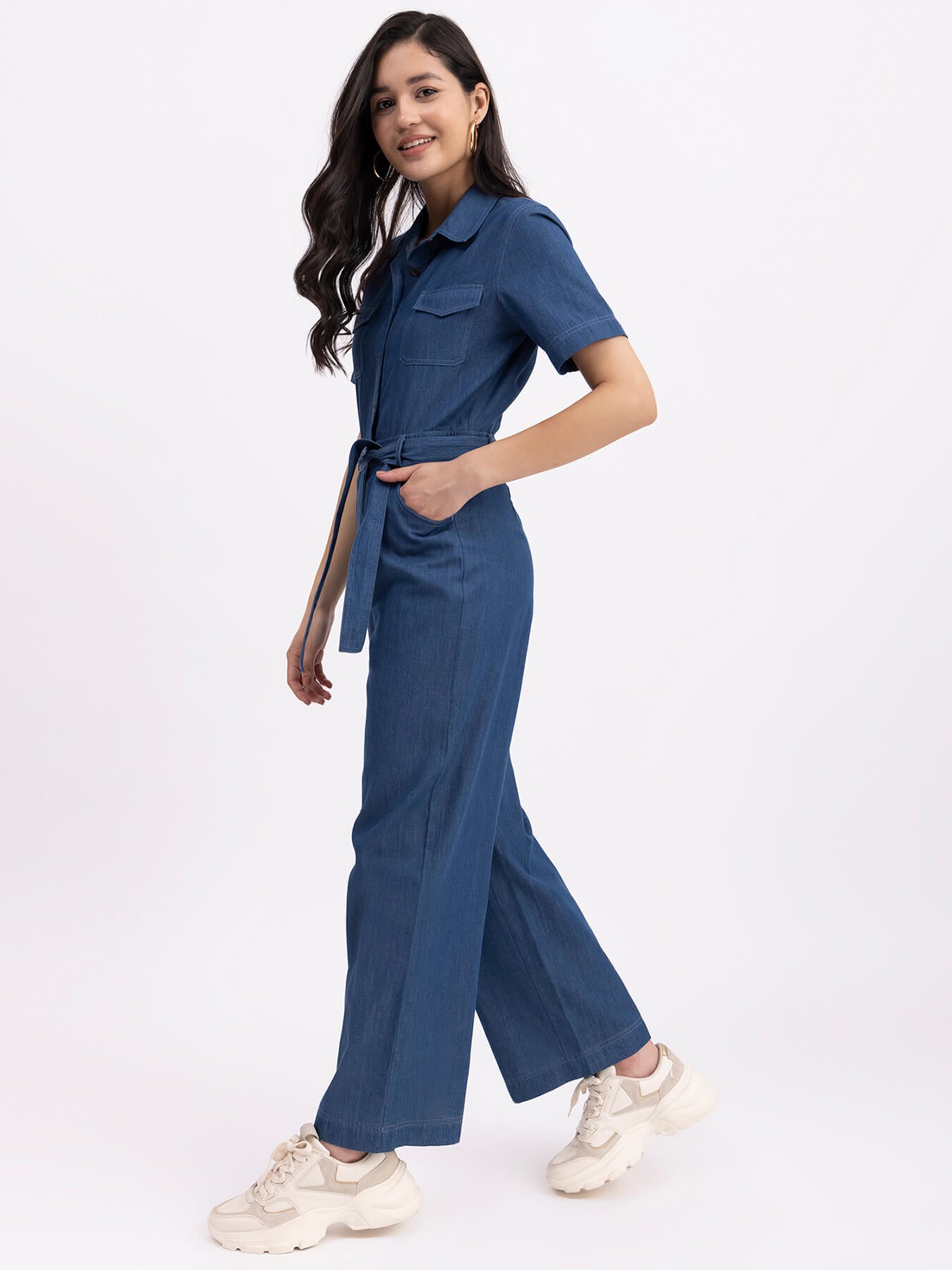 Denim Shirt Collar Jumpsuit - Navy Blue