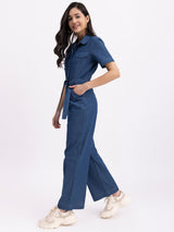 Denim Shirt Collar Jumpsuit - Navy Blue