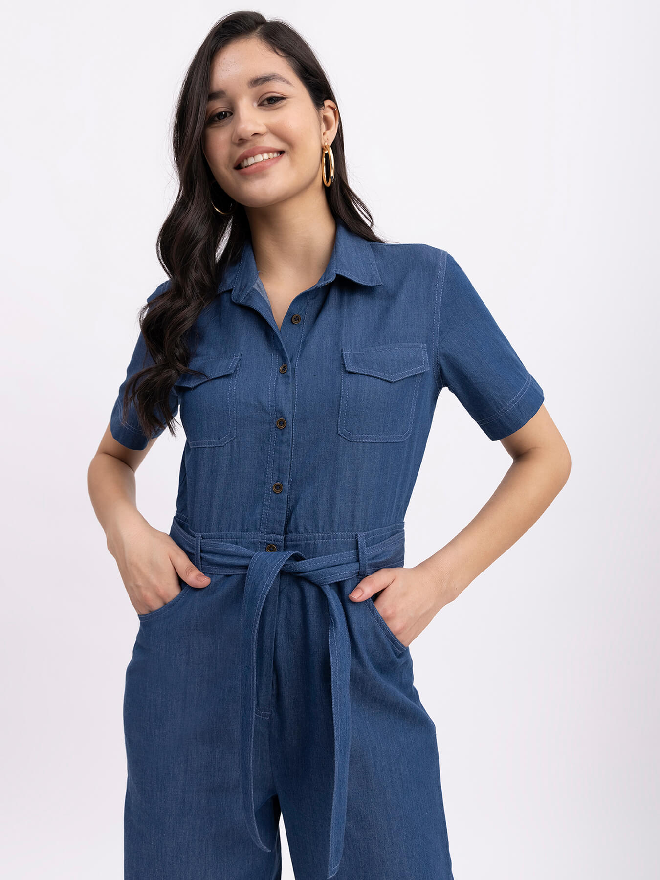 Denim Shirt Collar Jumpsuit - Navy Blue