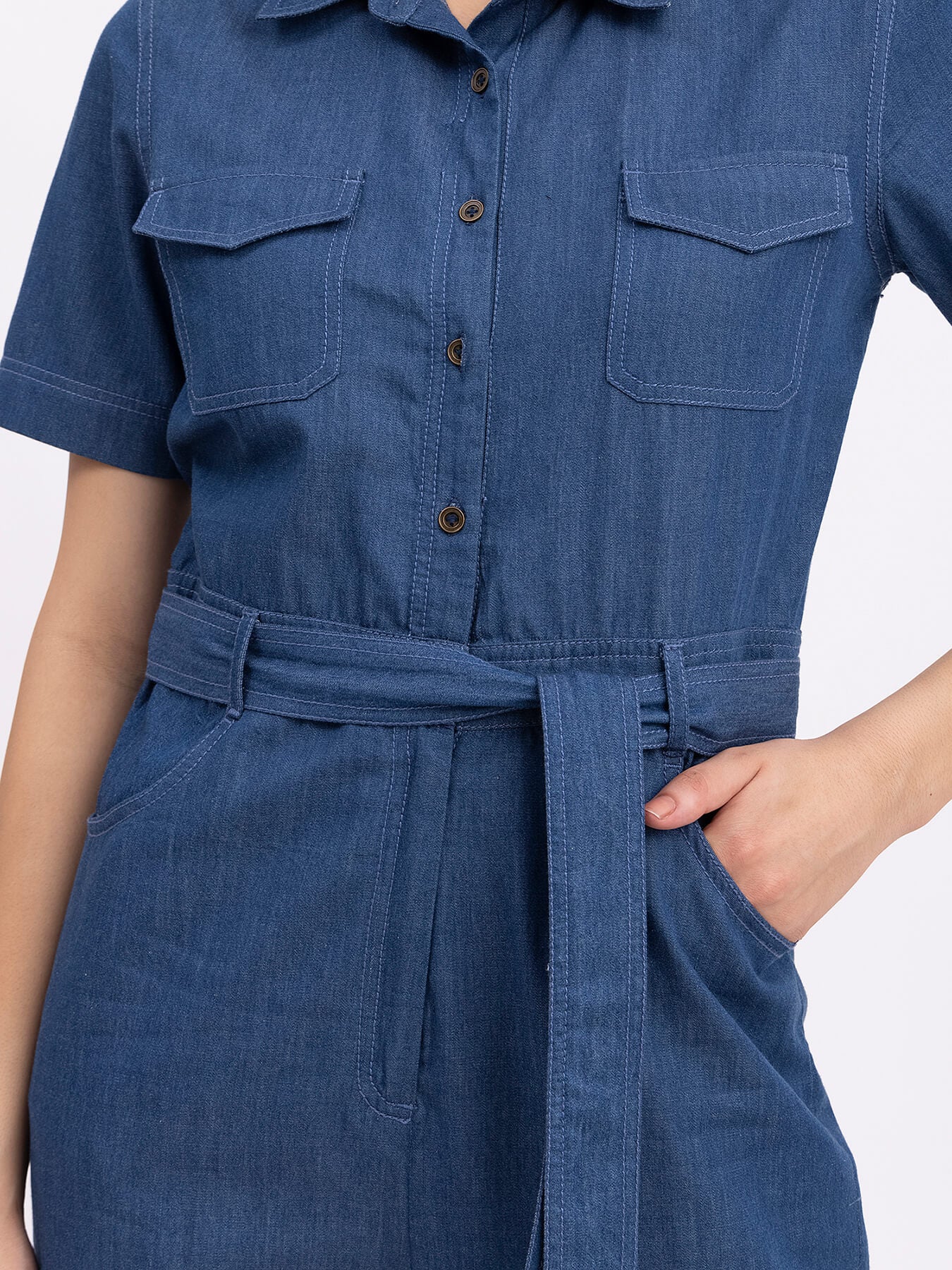 Denim Shirt Collar Jumpsuit - Navy Blue