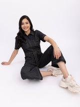 Denim Shirt Collar Jumpsuit - Black