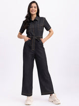 Denim Shirt Collar Jumpsuit - Black