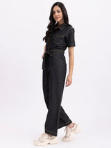 Denim Shirt Collar Jumpsuit - Black