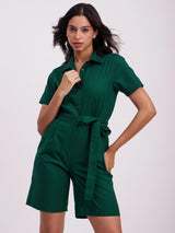 Shirt Collar Jumpsuit - Green