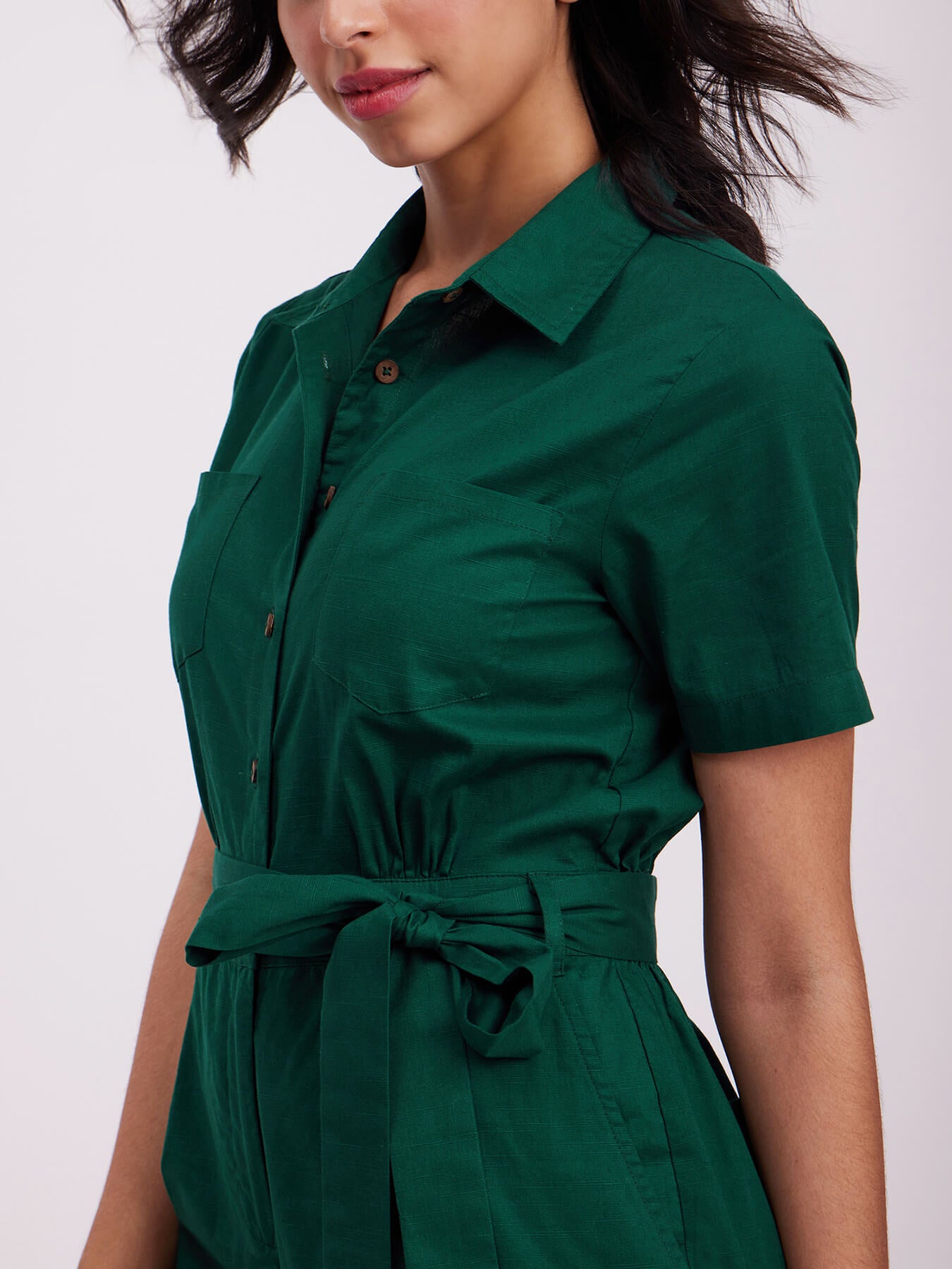 Shirt Collar Jumpsuit - Green