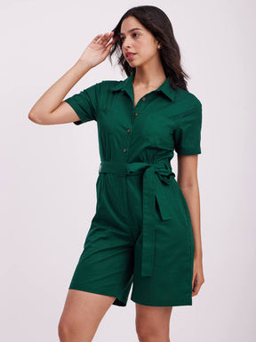 Shirt Collar Jumpsuit - Green