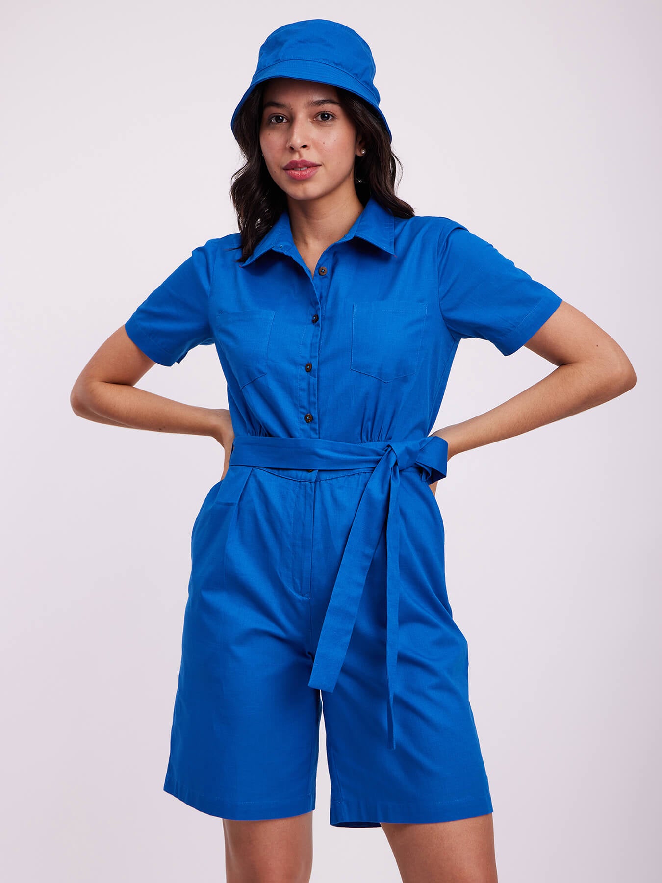 Shirt Collar Jumpsuit - Blue