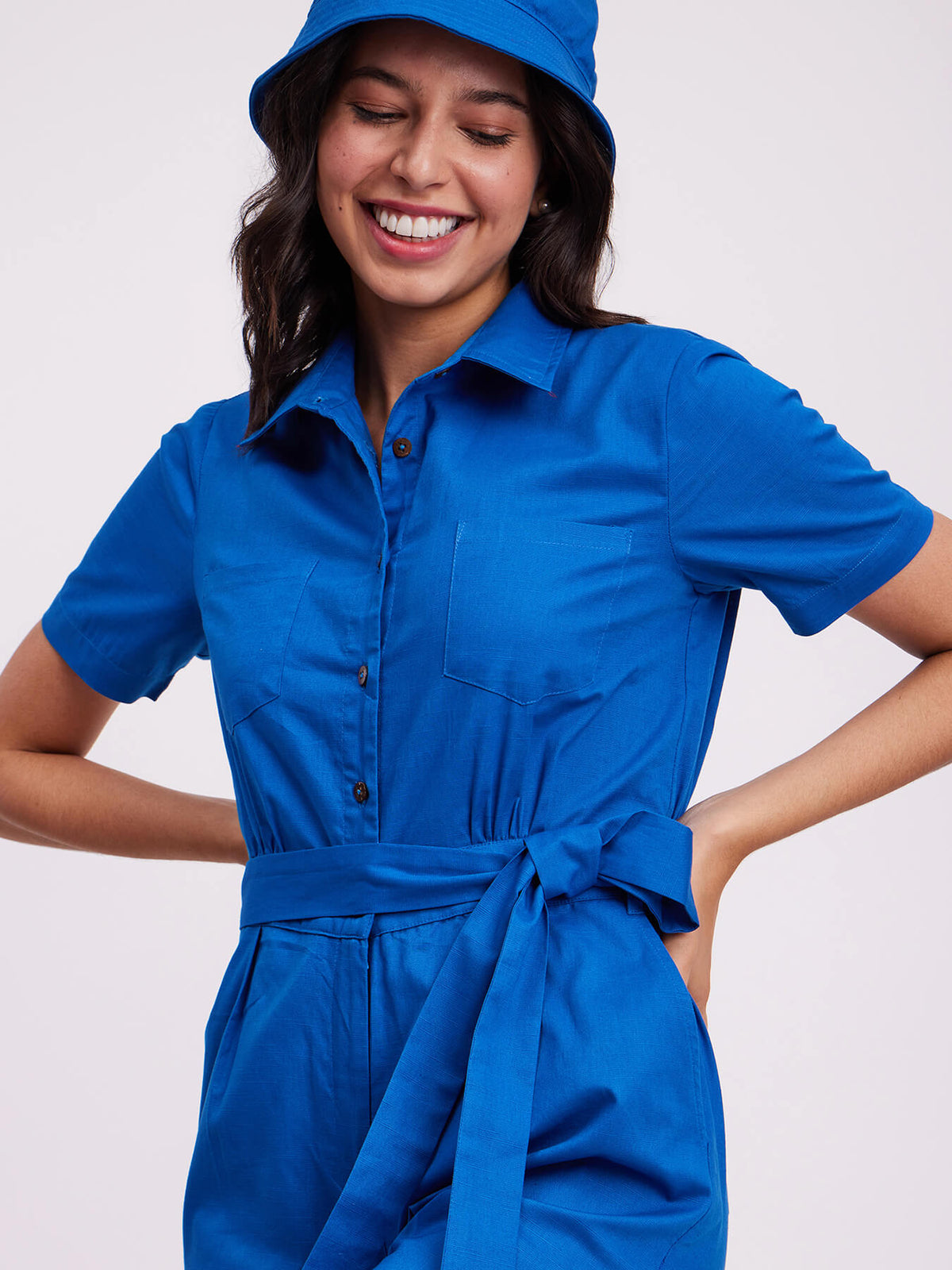 Shirt Collar Jumpsuit - Blue