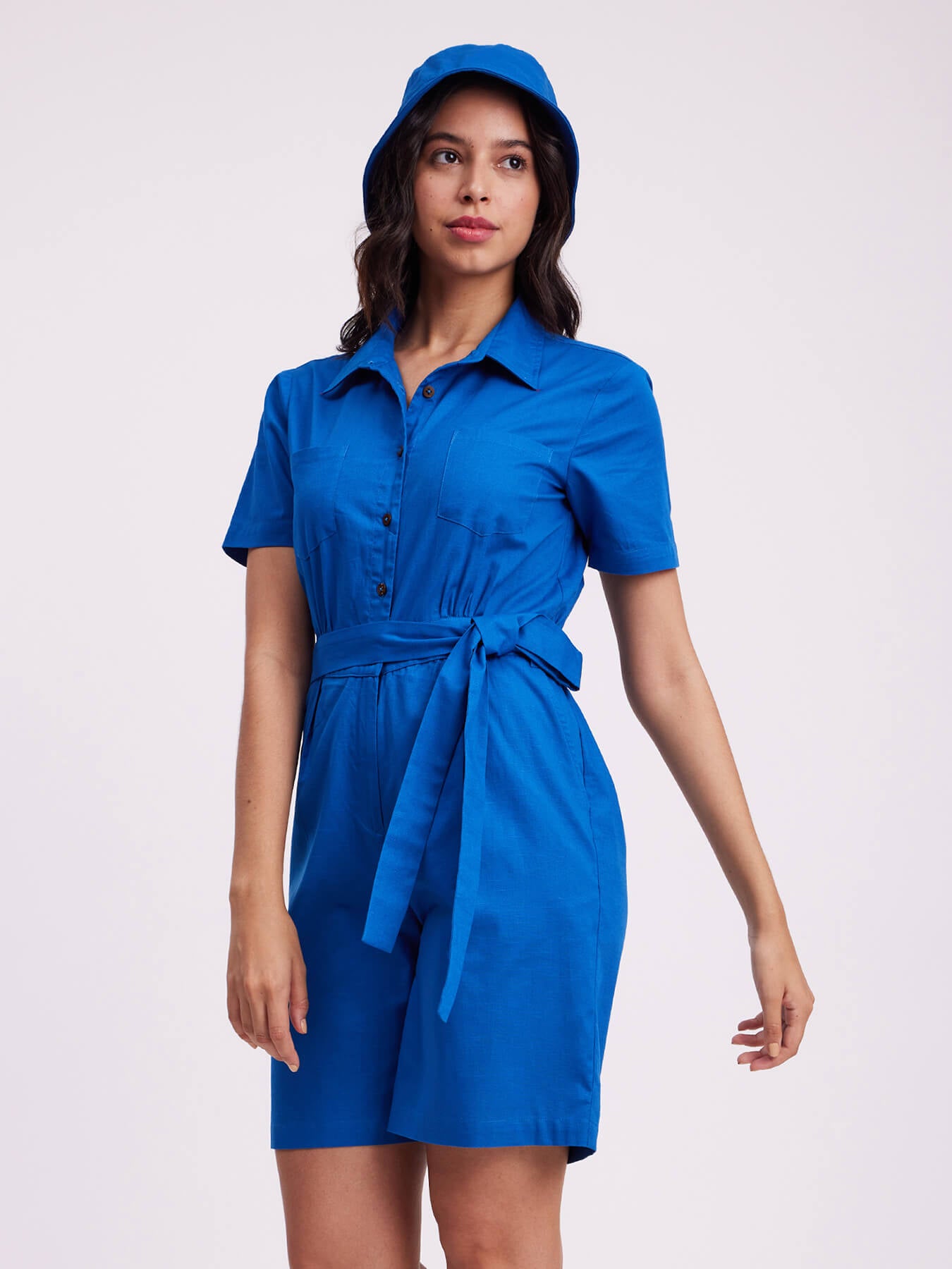 Shirt Collar Jumpsuit - Blue