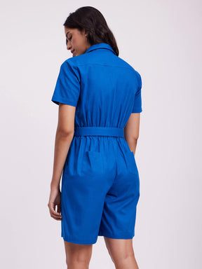 Shirt Collar Jumpsuit - Blue