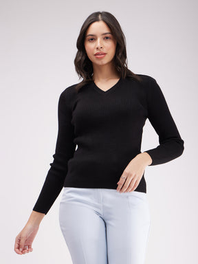 V-Neck Rib Sweater - Black