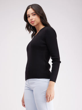 V-Neck Rib Sweater - Black