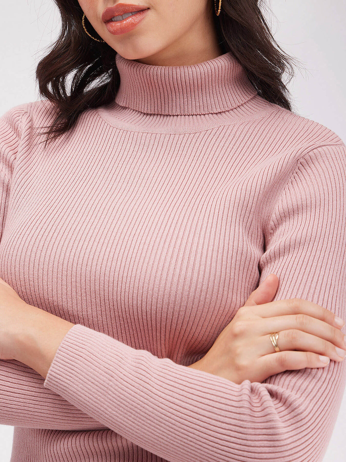 Turtle Neck Ribbed Sweater - Pink