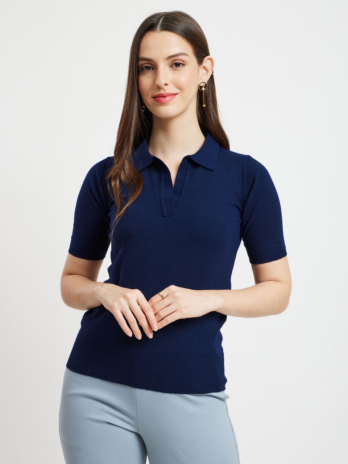 LivSoft Collared Knitted Top - Navy Blue