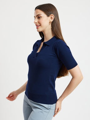 LivSoft Collared Knitted Top - Navy Blue