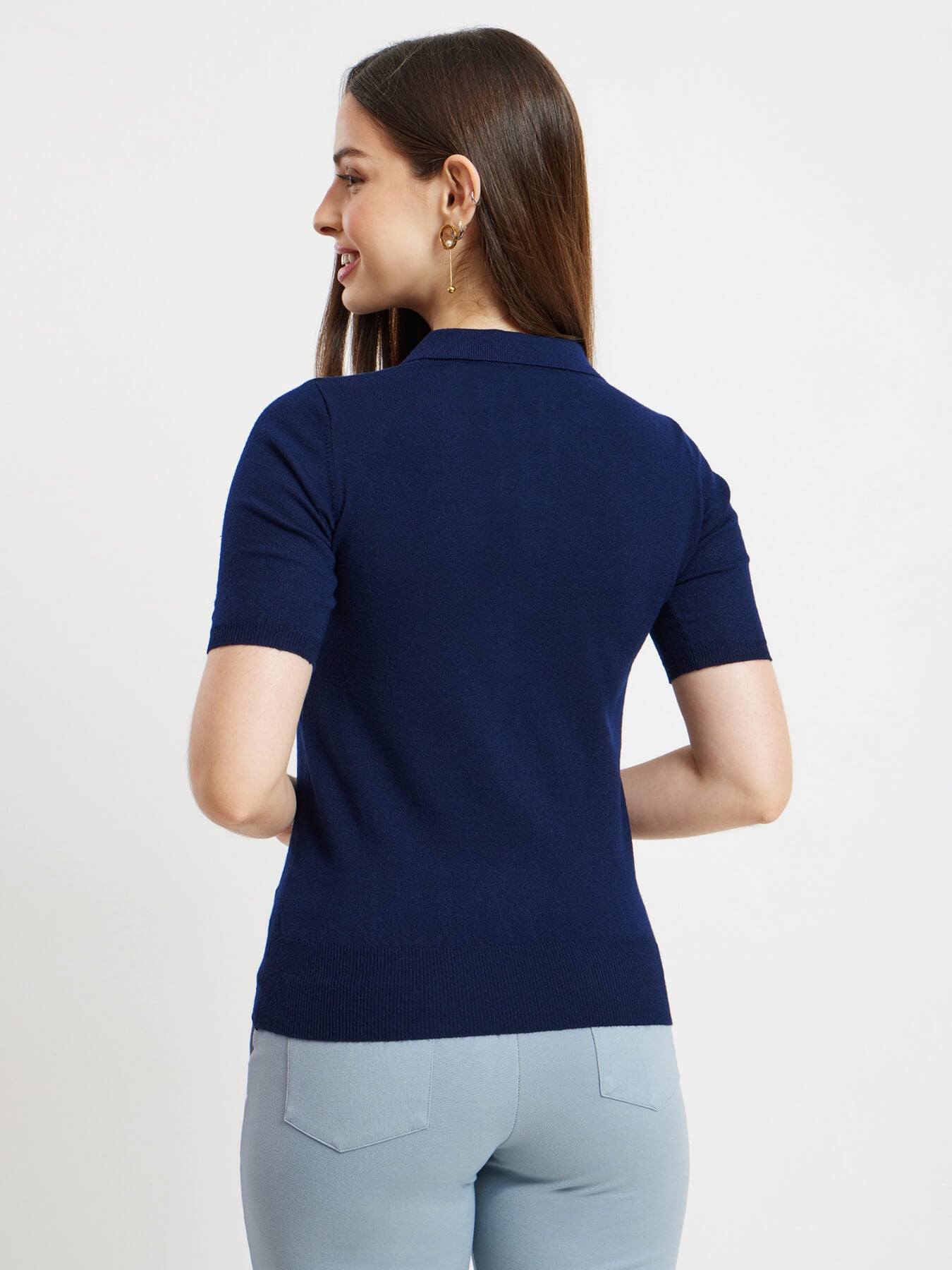 LivSoft Collared Knitted Top - Navy Blue