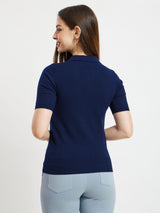 LivSoft Collared Knitted Top - Navy Blue