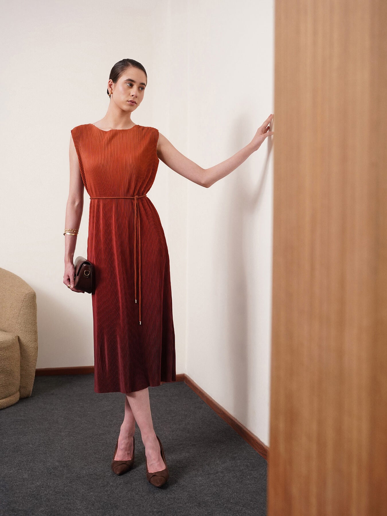 Ombre Pleated Dress - Brown