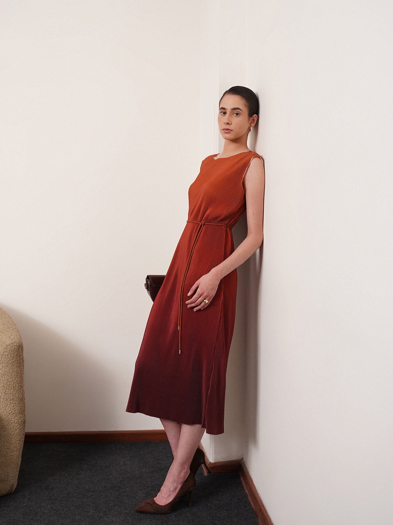 Ombre Pleated Dress - Brown