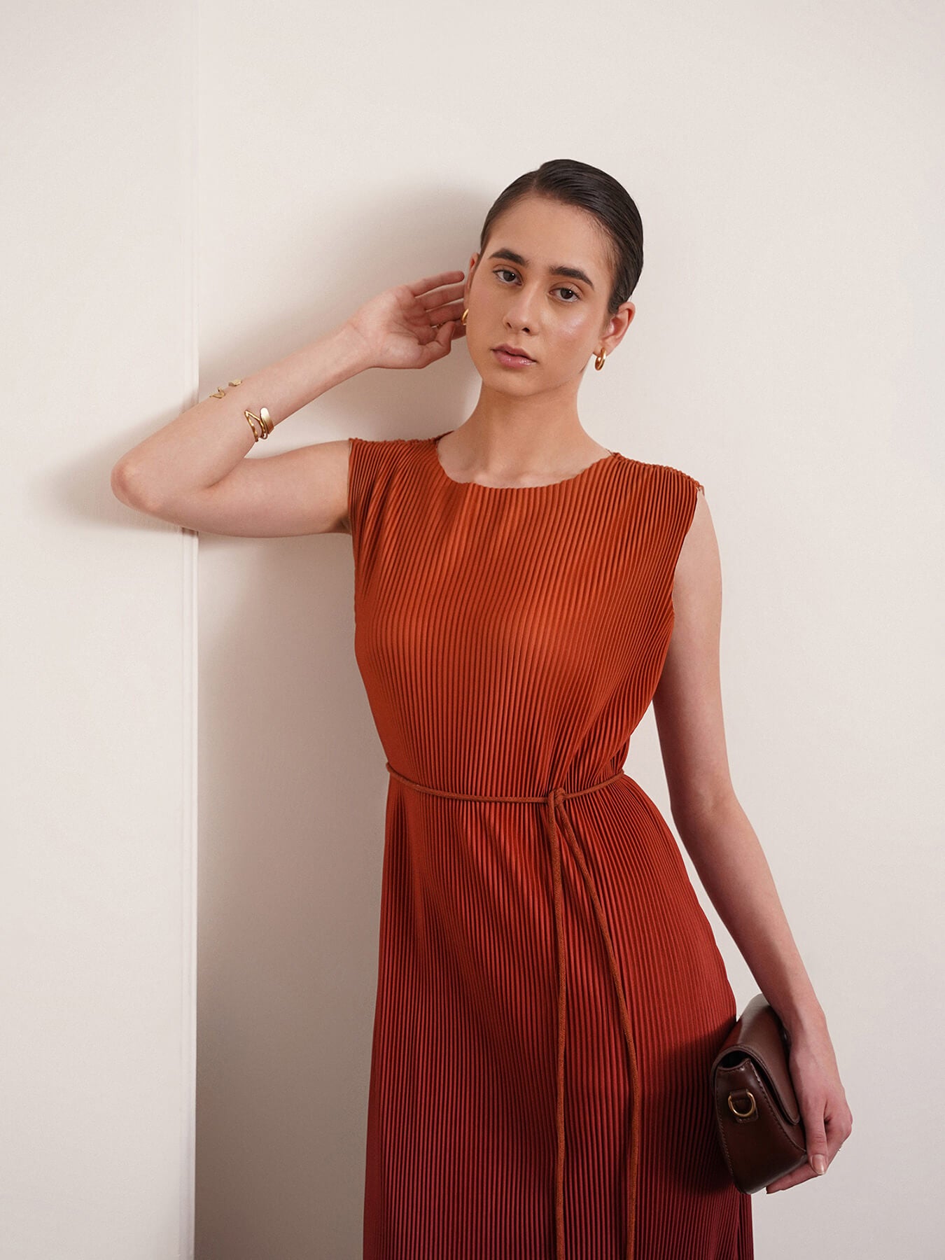 Ombre Pleated Dress - Brown