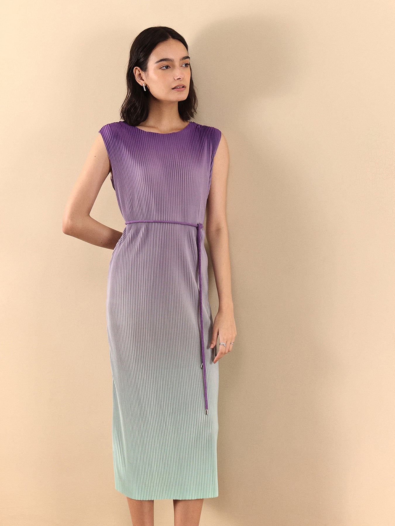 Ombre Pleated Knit Dress - Purple