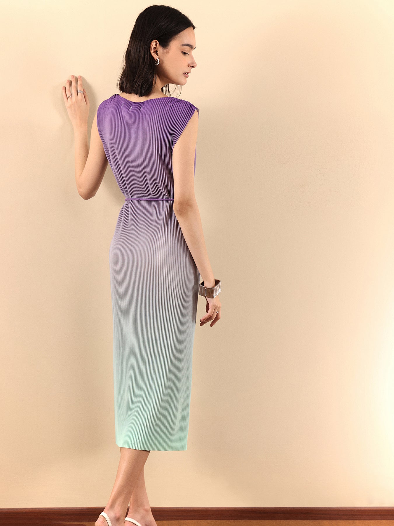 Ombre Pleated Knit Dress - Purple