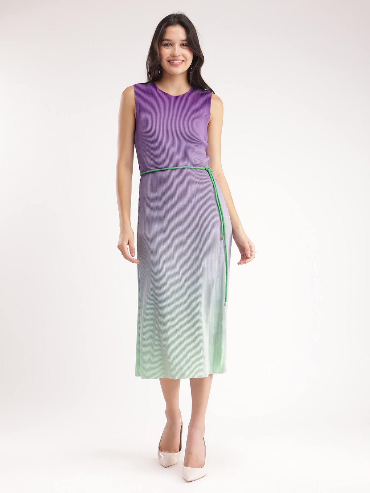 Ombre Pleated Knit Dress - Purple