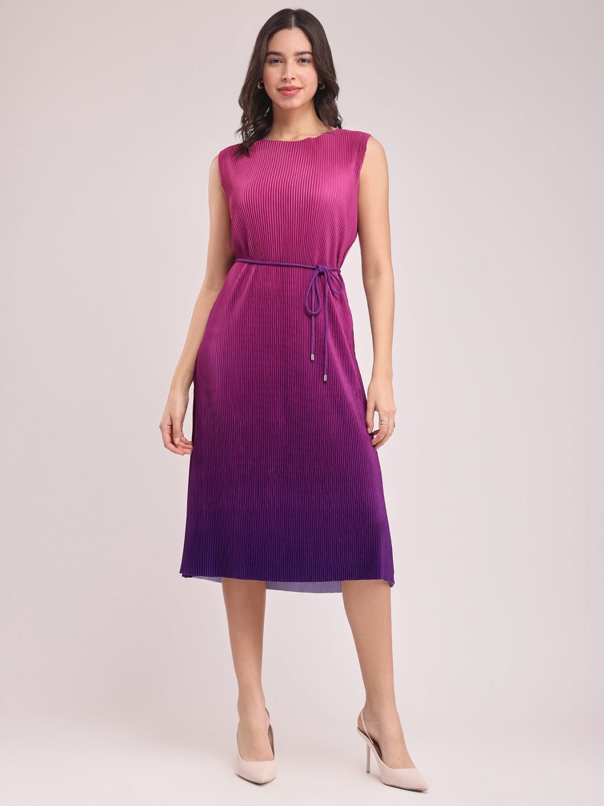 Ombre Pleated Dress - Pink And Purple