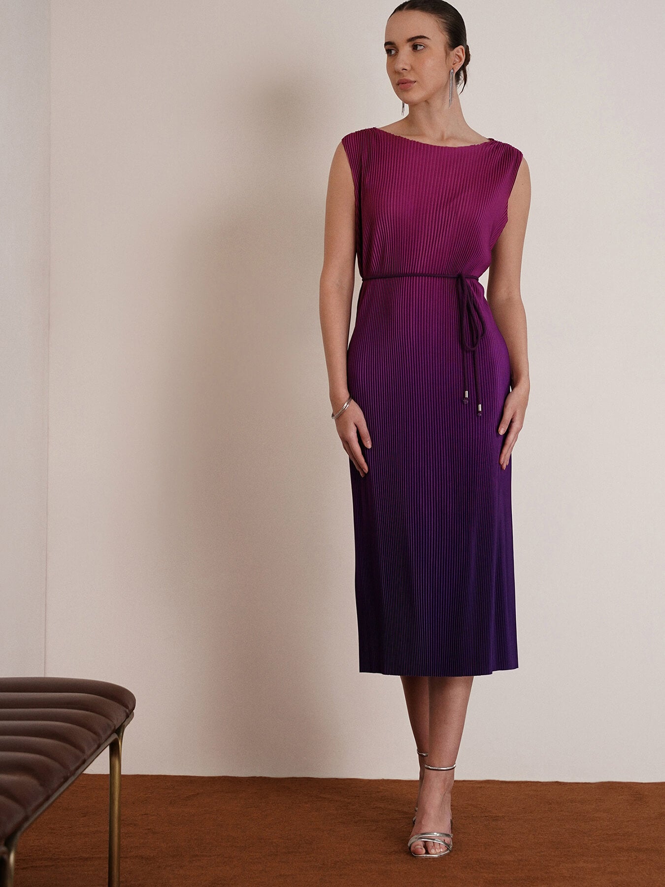 Ombre Pleated Dress - Pink And Purple