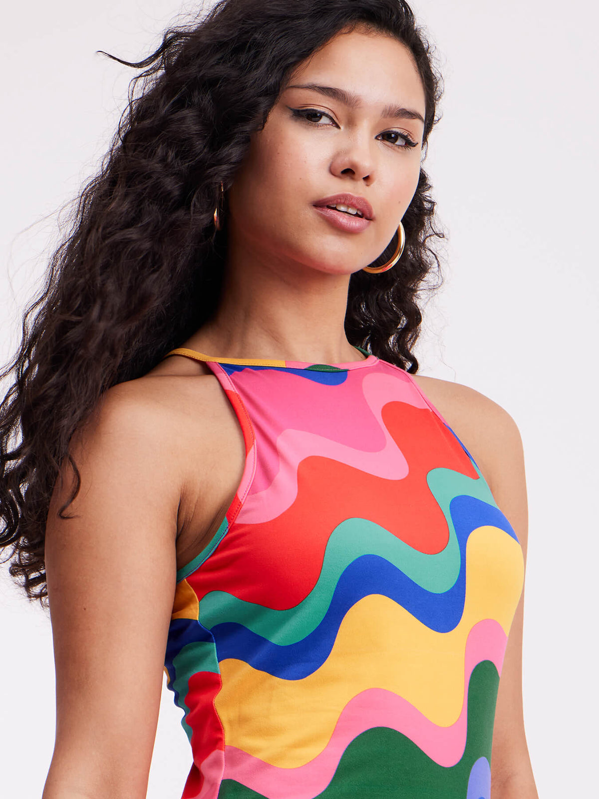 Halter Neck Wave Print Dress - Multicolour