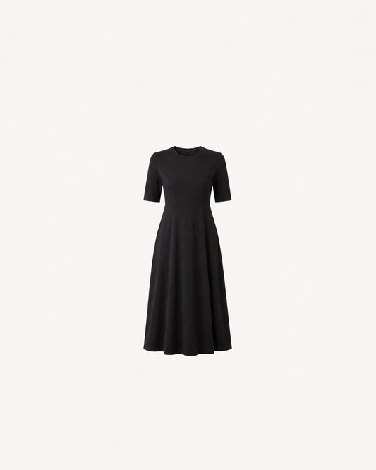 Cotton Round Neck Knitted Fit And Flare Dress - Black