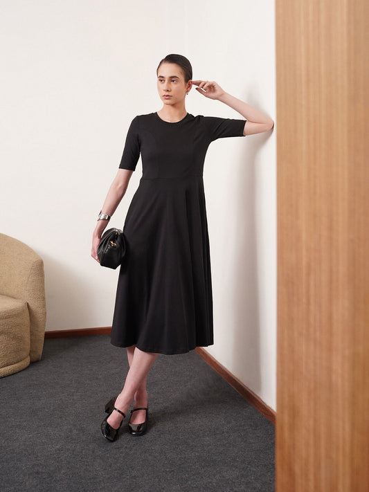 Cotton Round Neck Knitted Fit And Flare Dress - Black