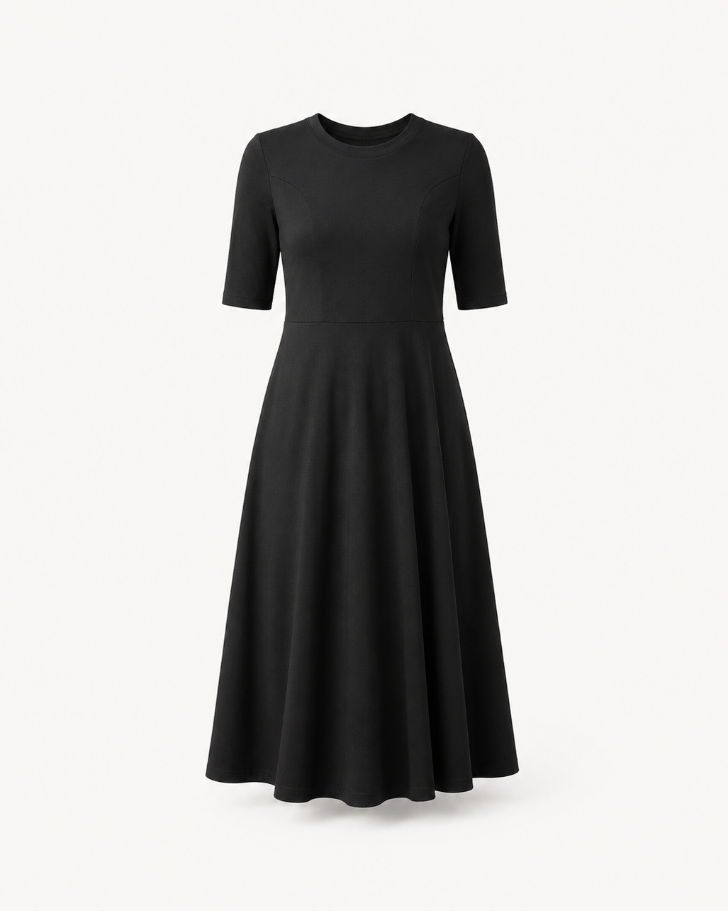 Cotton Round Neck Knitted Fit And Flare Dress - Black