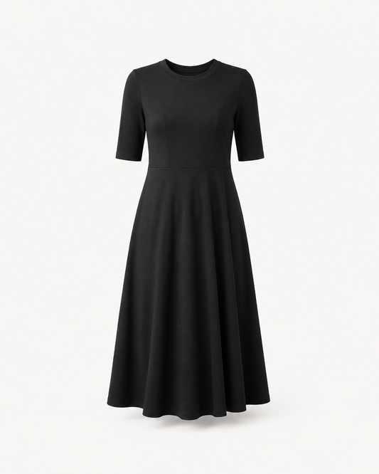 Cotton Round Neck Knitted Fit And Flare Dress - Black