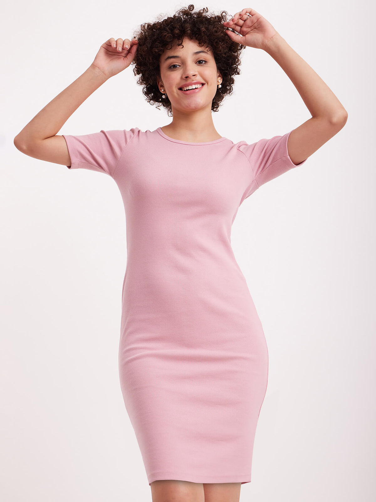 Ribbed Knit Bodycon Dress - Pink