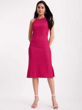 Halter Neck Rib Knit Dress - Pink