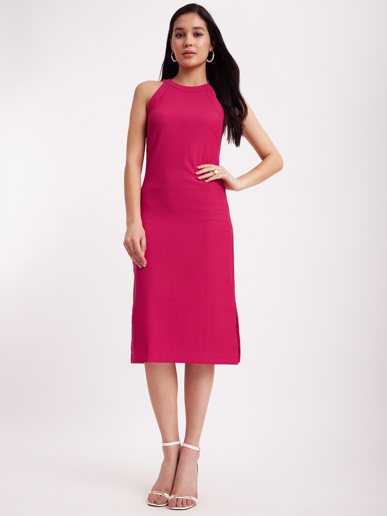 Halter Neck Rib Knit Dress - Pink