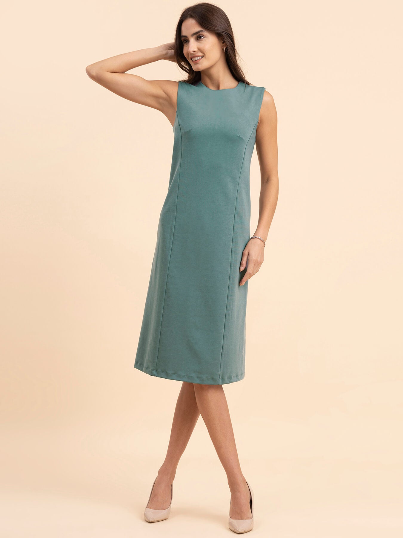 LivIn A-Line Round Neck Dress - Sap Green