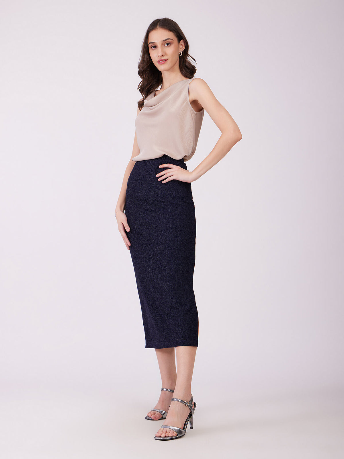 Metallic Shimmer Lurex Skirt - Navy Blue