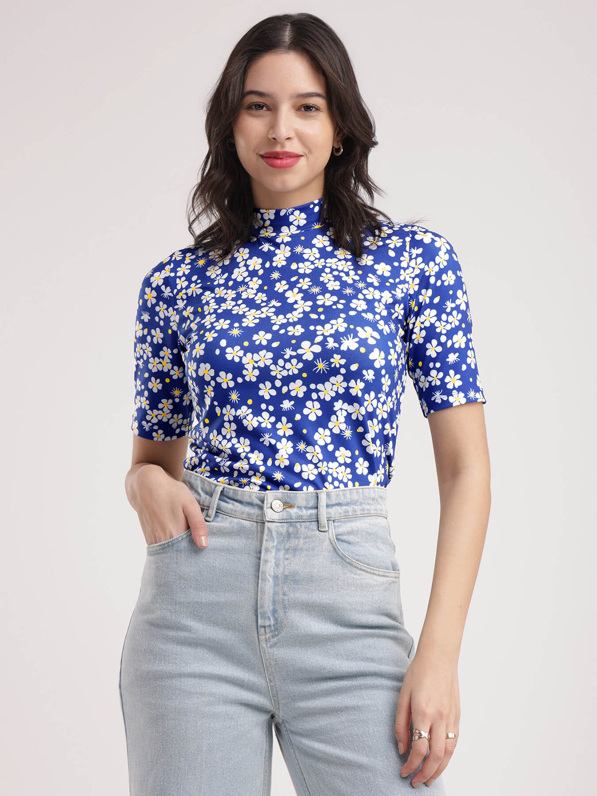 Floral Knitted T-Shirt - Blue And White
