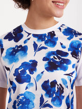 Satin Floral Print Top - Blue And White