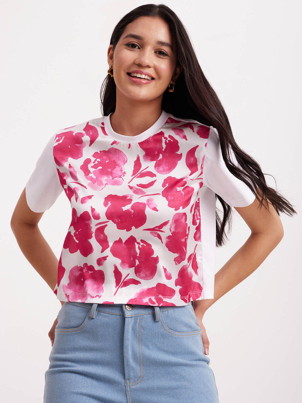 Satin Floral Print Top - Pink And White