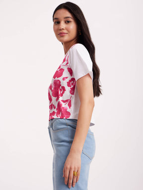 Satin Floral Print Top - Pink And White
