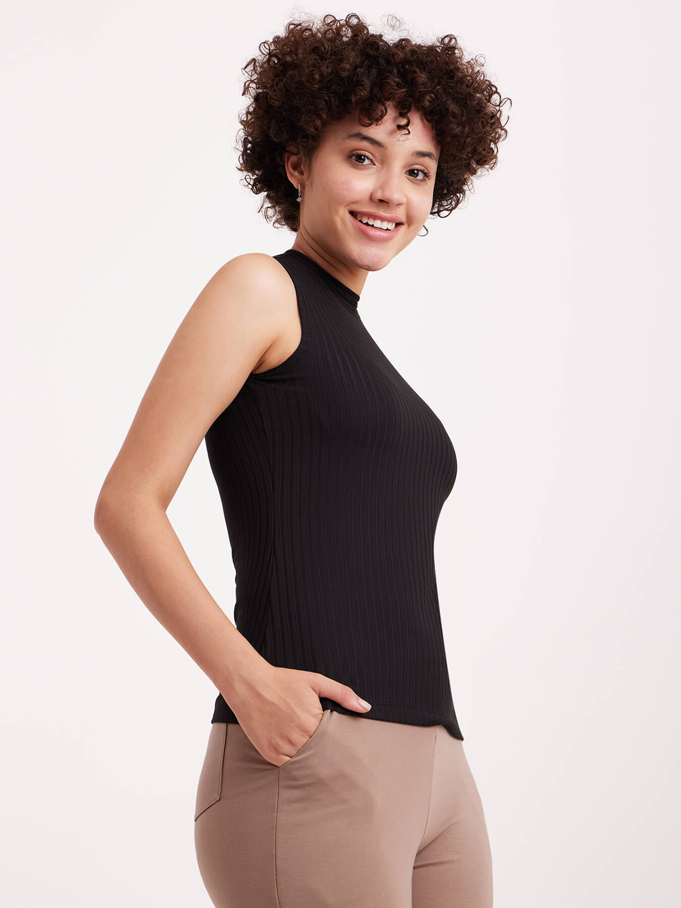 High Neck Rib Knit Top - Black