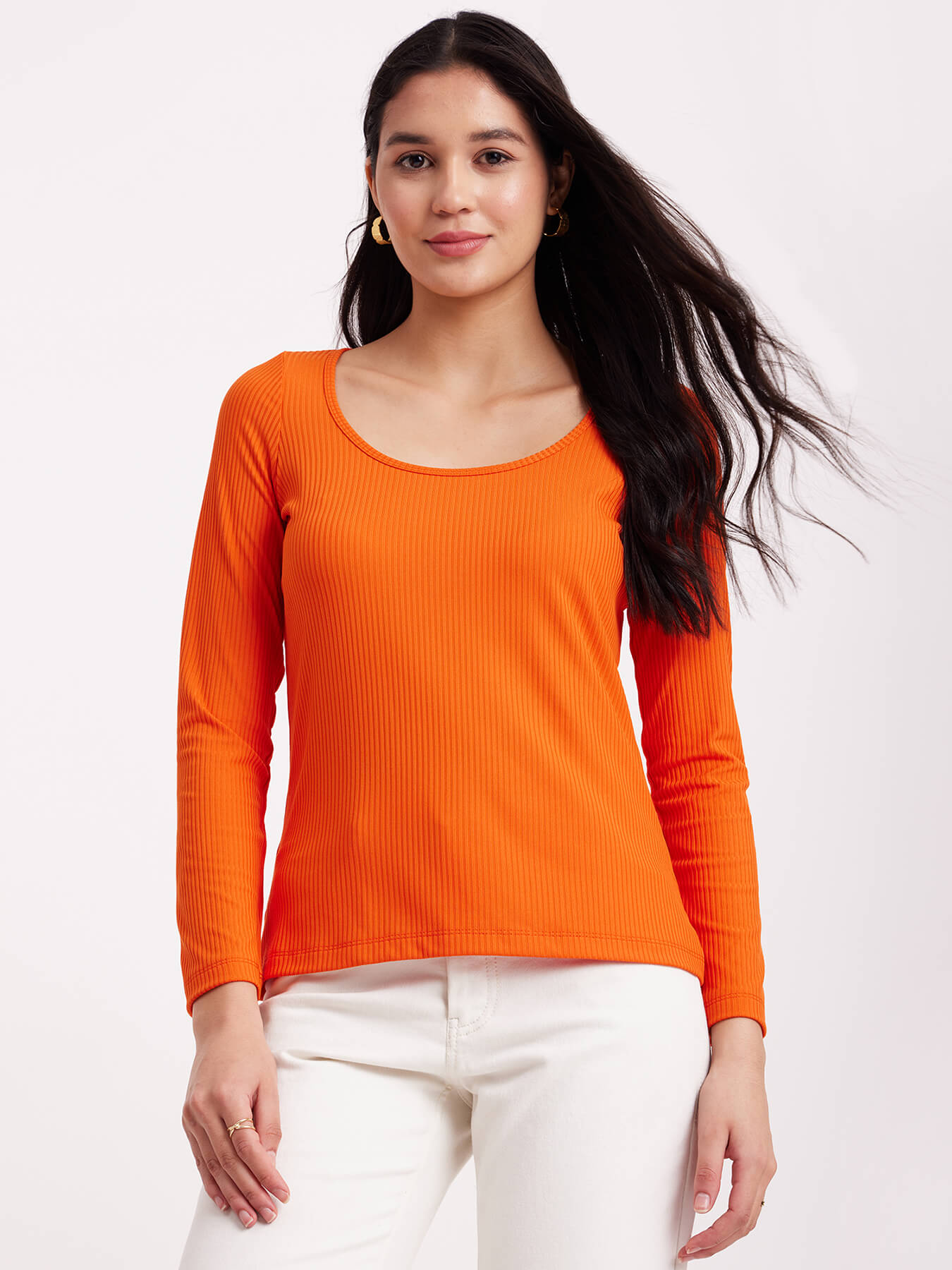 Scoop Neck Rib Knit Top - Orange