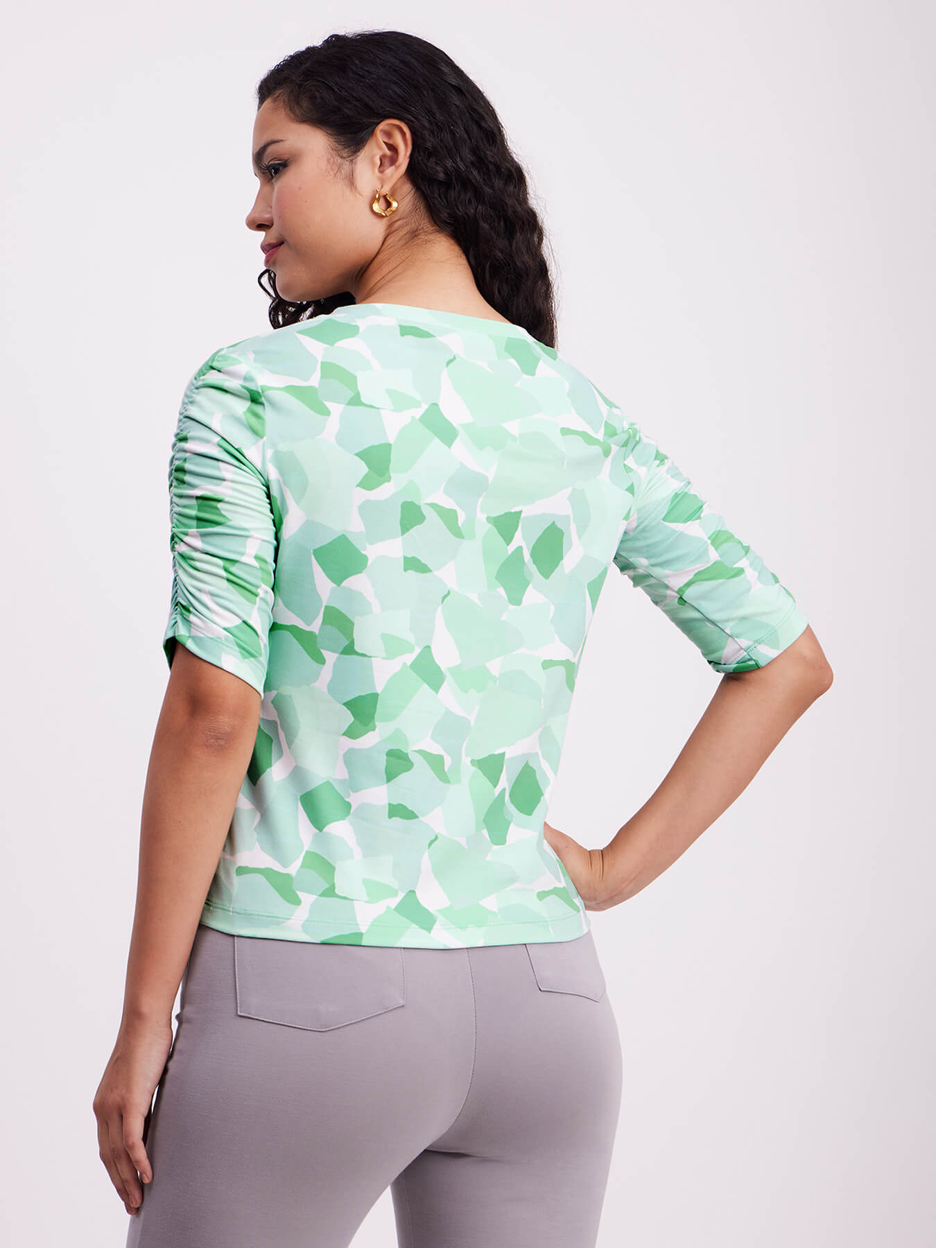 Printed Ruched Sleeves Top - Green And White