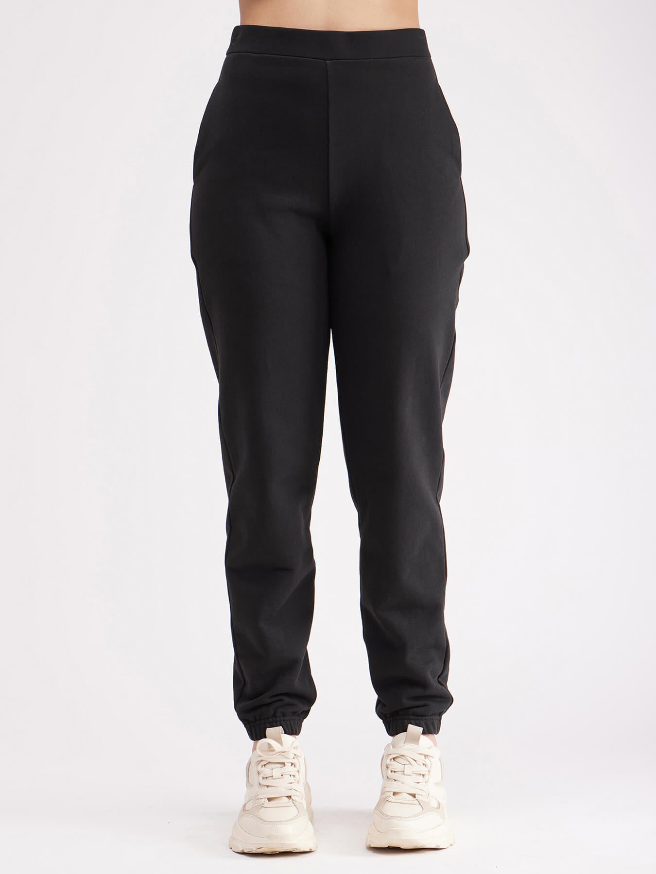 High Rise Cotton Trackpants - Black